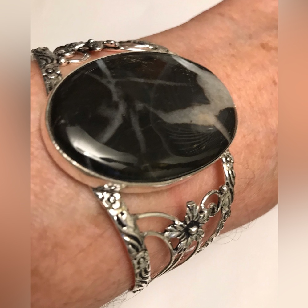 Botswana Agate Stamped 925 Sterling Silver Cuff Bracelet